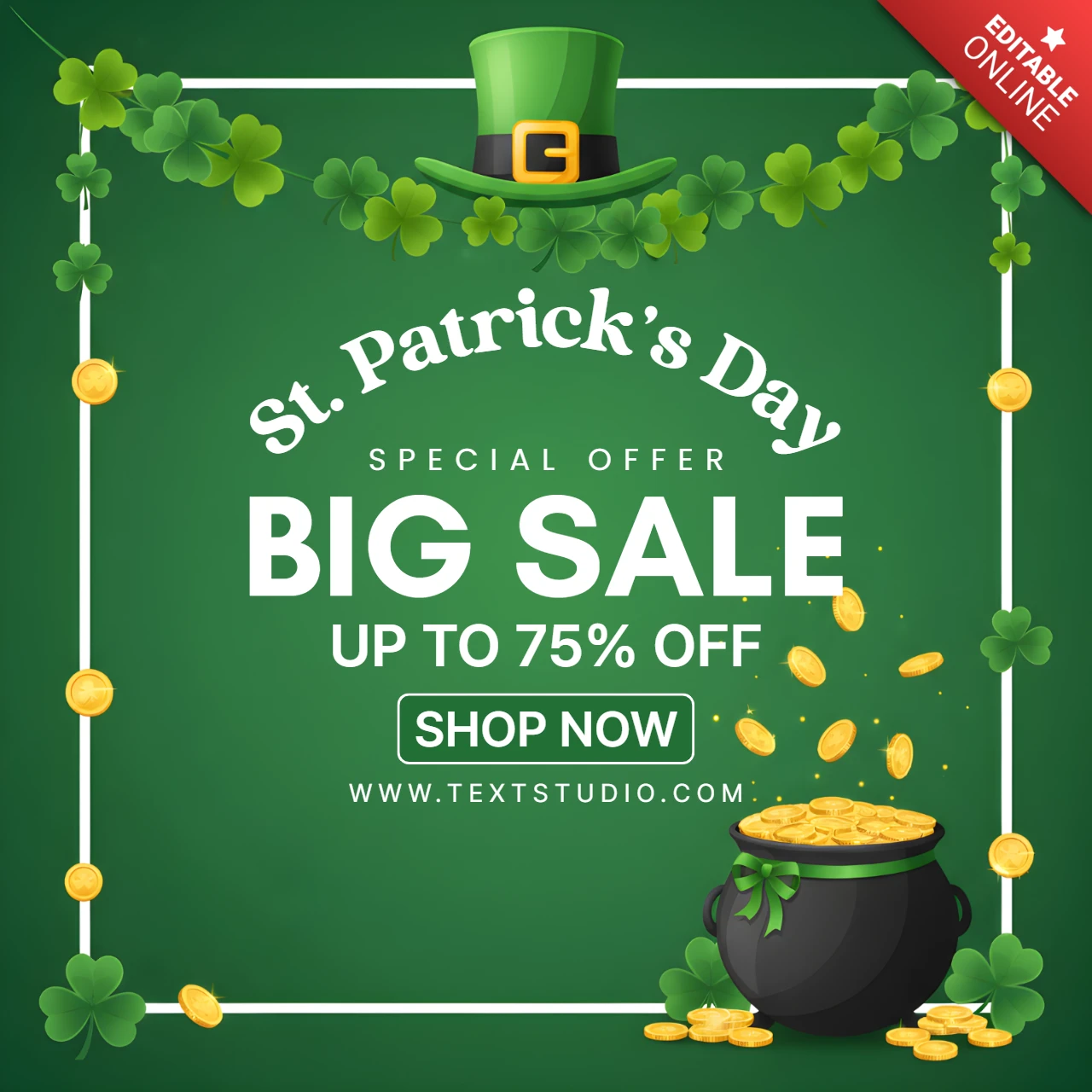 Modèle d'affiche de vente pour la Saint-Patrick avec un chapeau de leprechaun, des trèfles et un pot d'or.