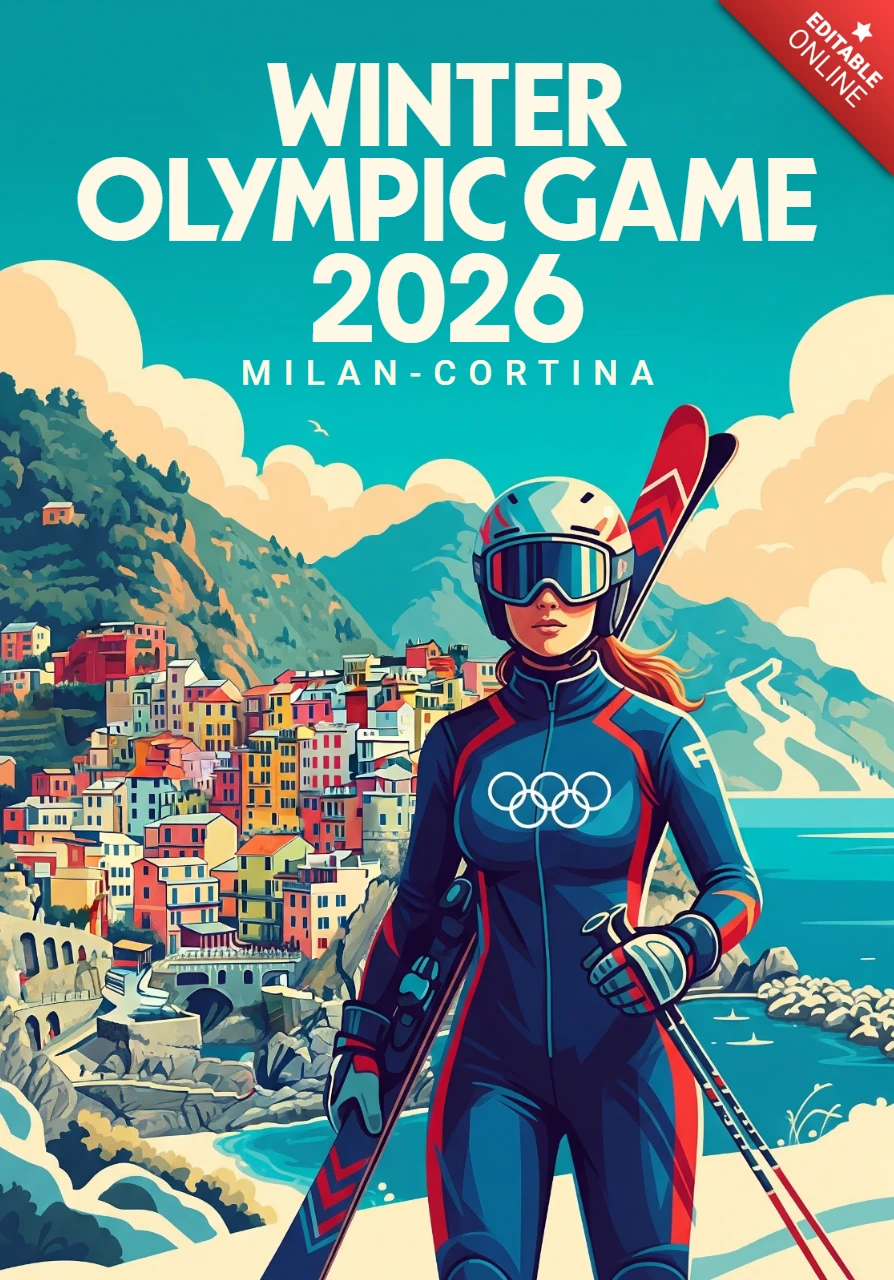Poster dei Giochi Olimpici Invernali di Milano-Cortina 2026, sciatore con attrezzatura e cittadina costiera dei giochi di Milano-Cortina.