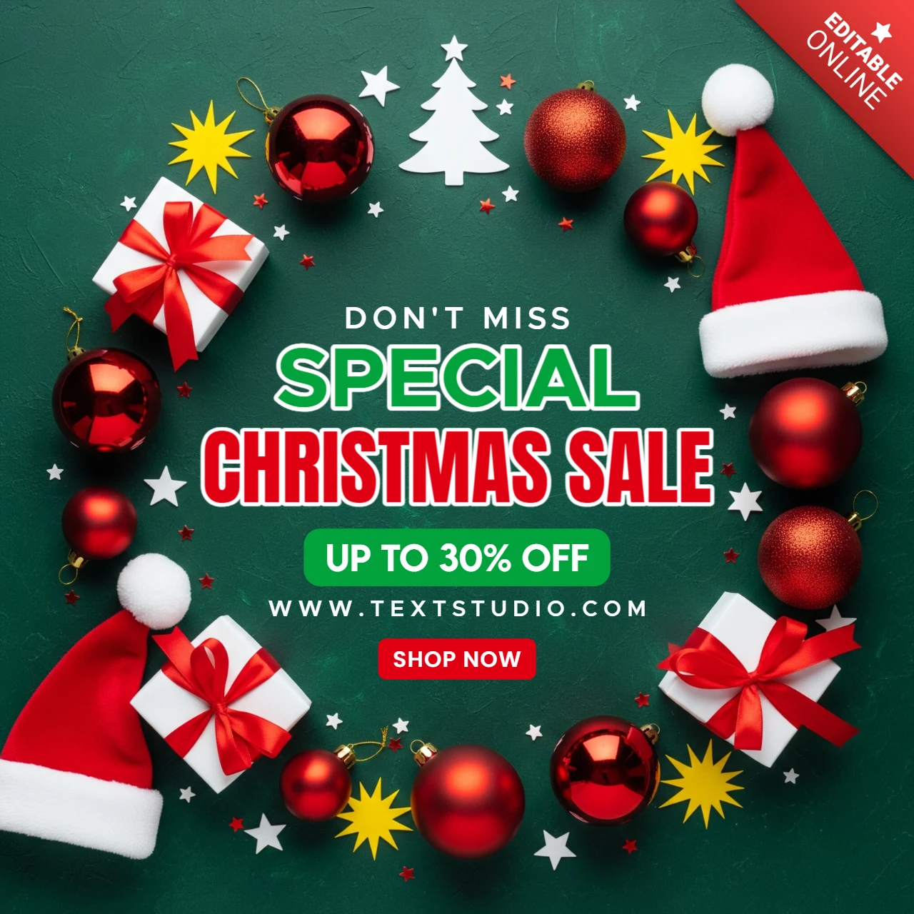 Christmas Sale Flyer Template Festive Design with Ornaments, Santa Hats, Gifts, and Bold Discount Text