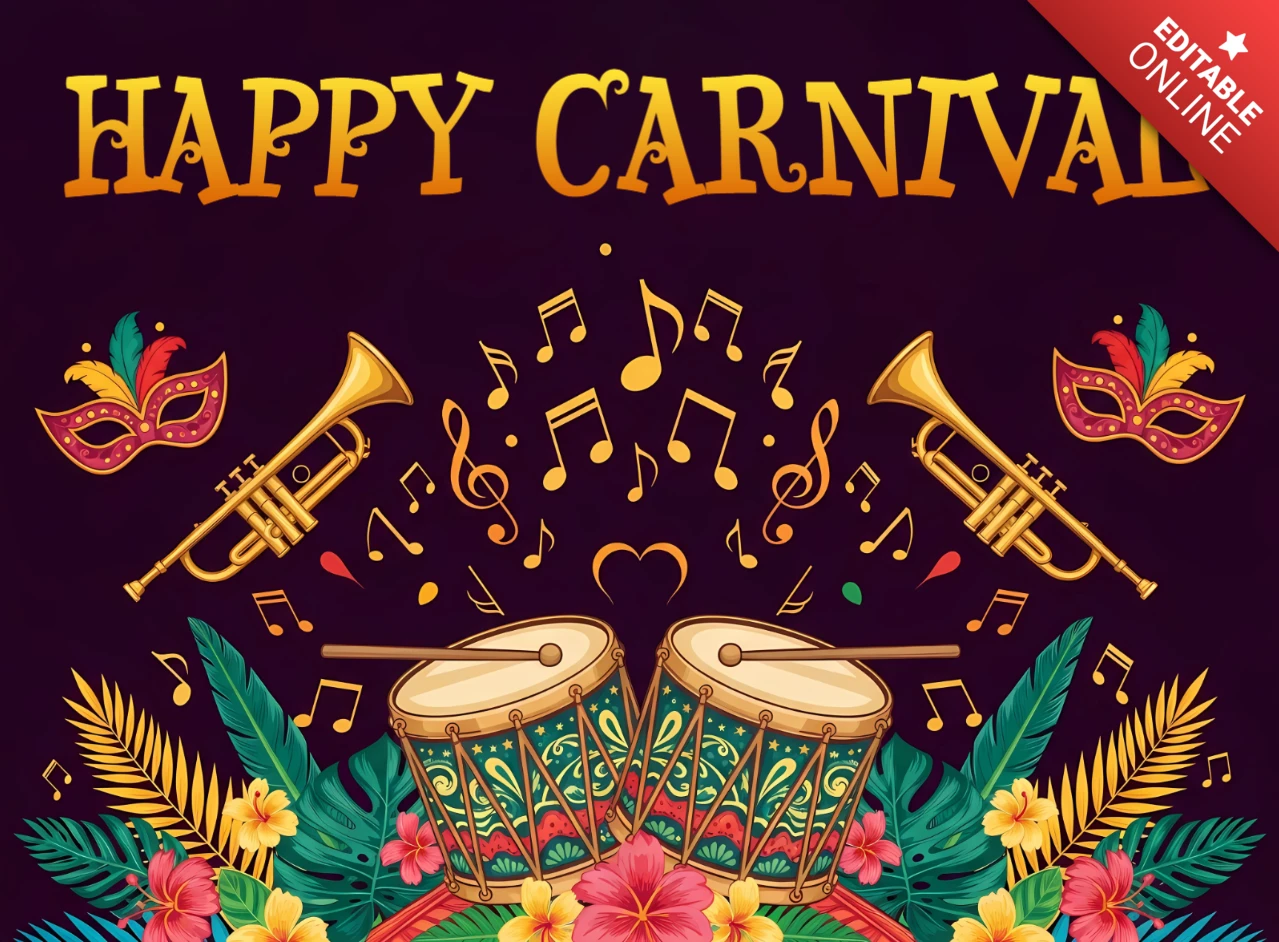 Colorful Carnival Design Template for Festive Flyers Featuring Drums and Musical Notes