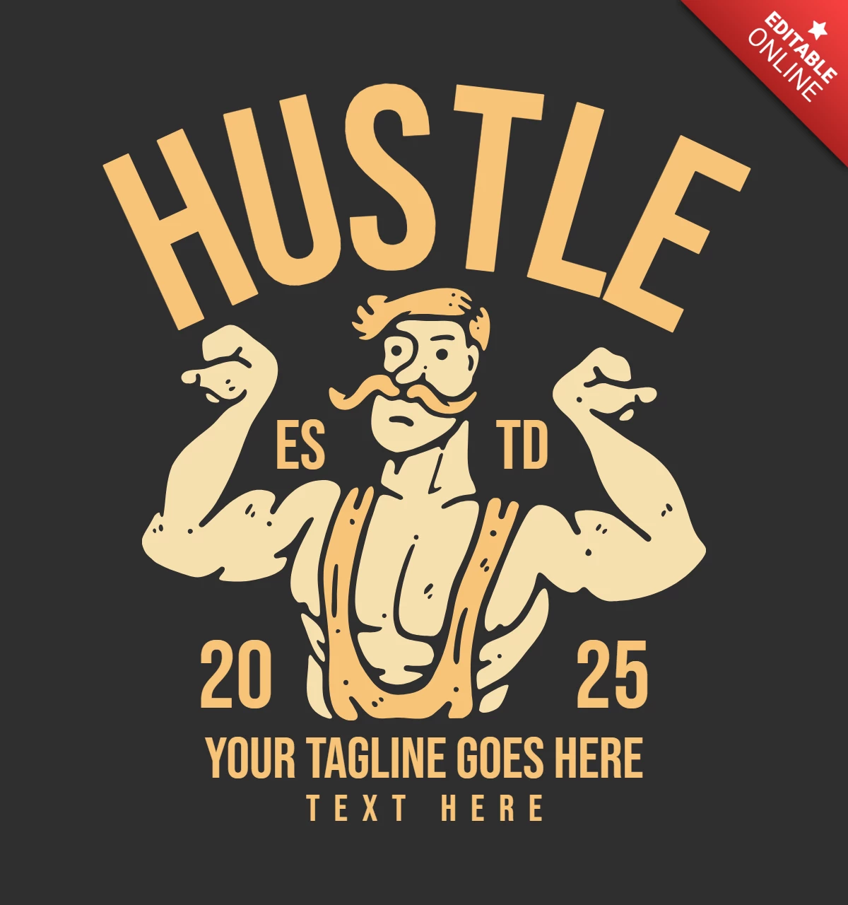 Modelo de design de camiseta vintage Hustle Builder fazendo pose de bíceps