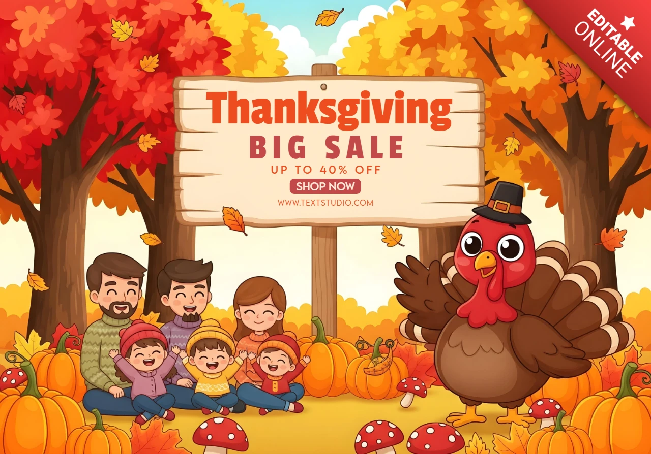 Remise de Thanksgiving famille heureuse de six avec décor saisonnier et panneau promotionnel modèle de design de bannière de vente promotionnelle