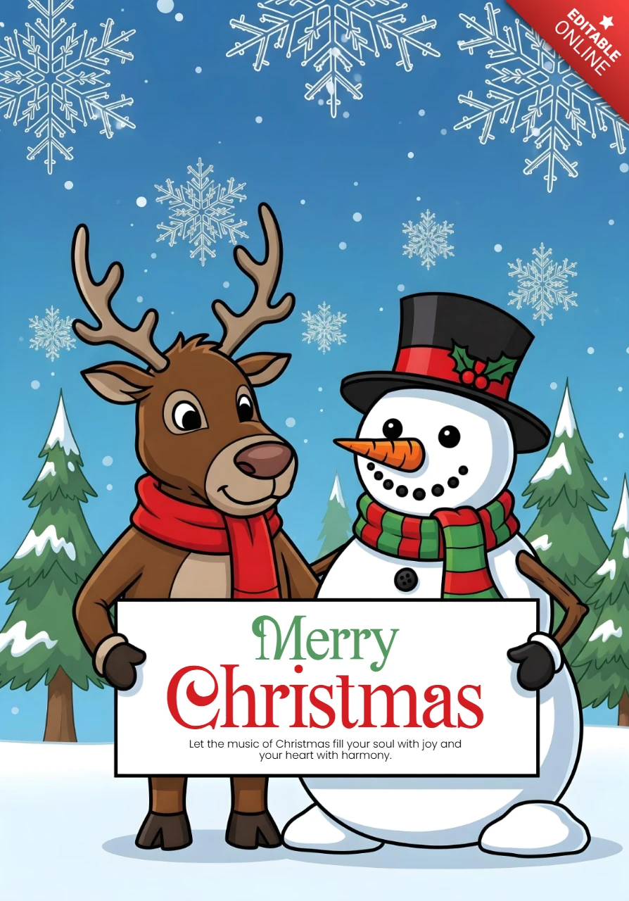 Pôster de Natal feliz com boneco de neve e rena segurando uma placa em uma cena nevada com pinheiros e flocos de neve, modelo de design.