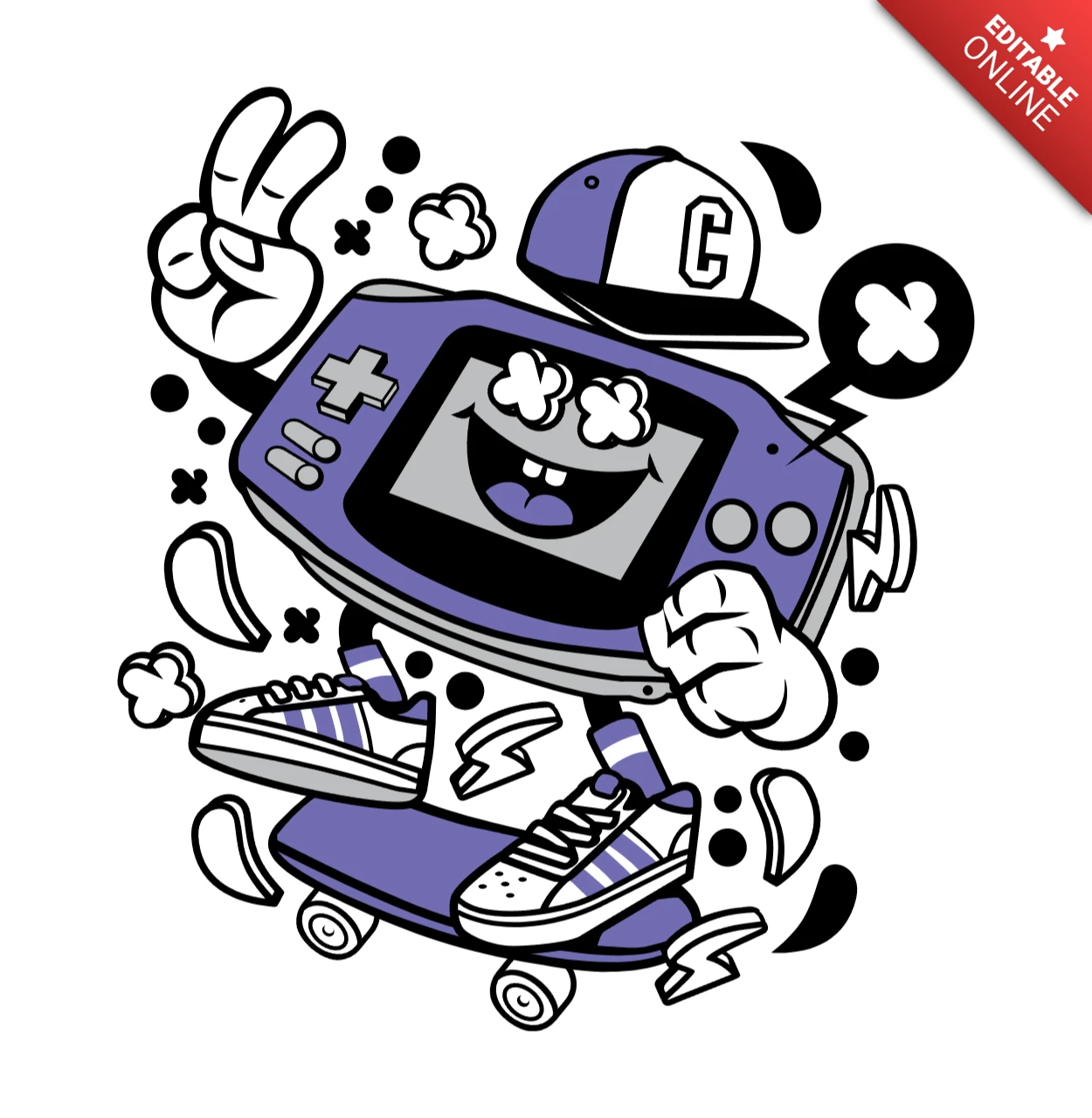 Plantilla de diseño de personaje de dibujos animados de skate para consola de videojuegos portátil