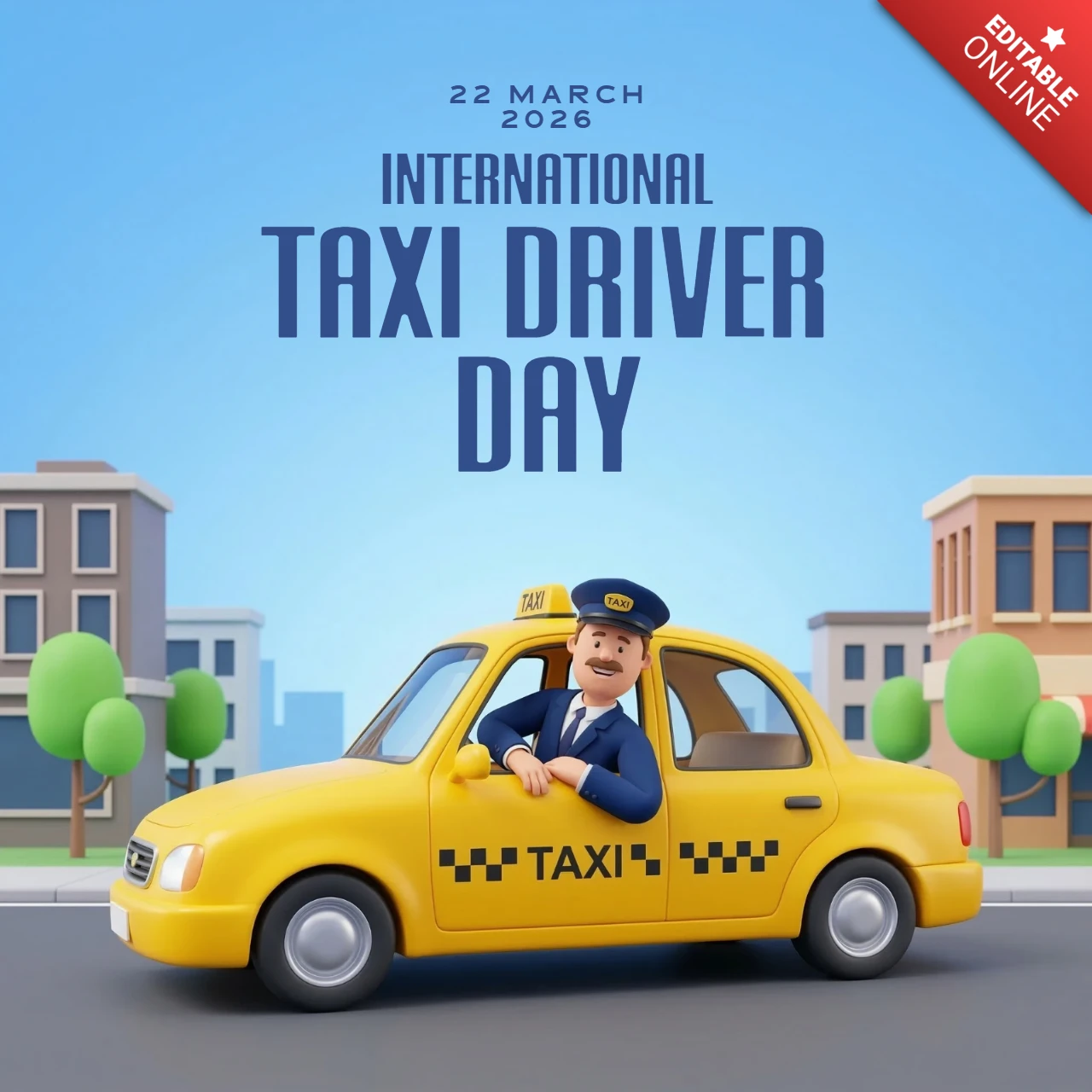 Internationaler Taxifahrer-Tag 2026 Cartoon-Fahrer, der sich aus einem gelben Taxi lehnt, Illustration zur Wertschätzung des Transports