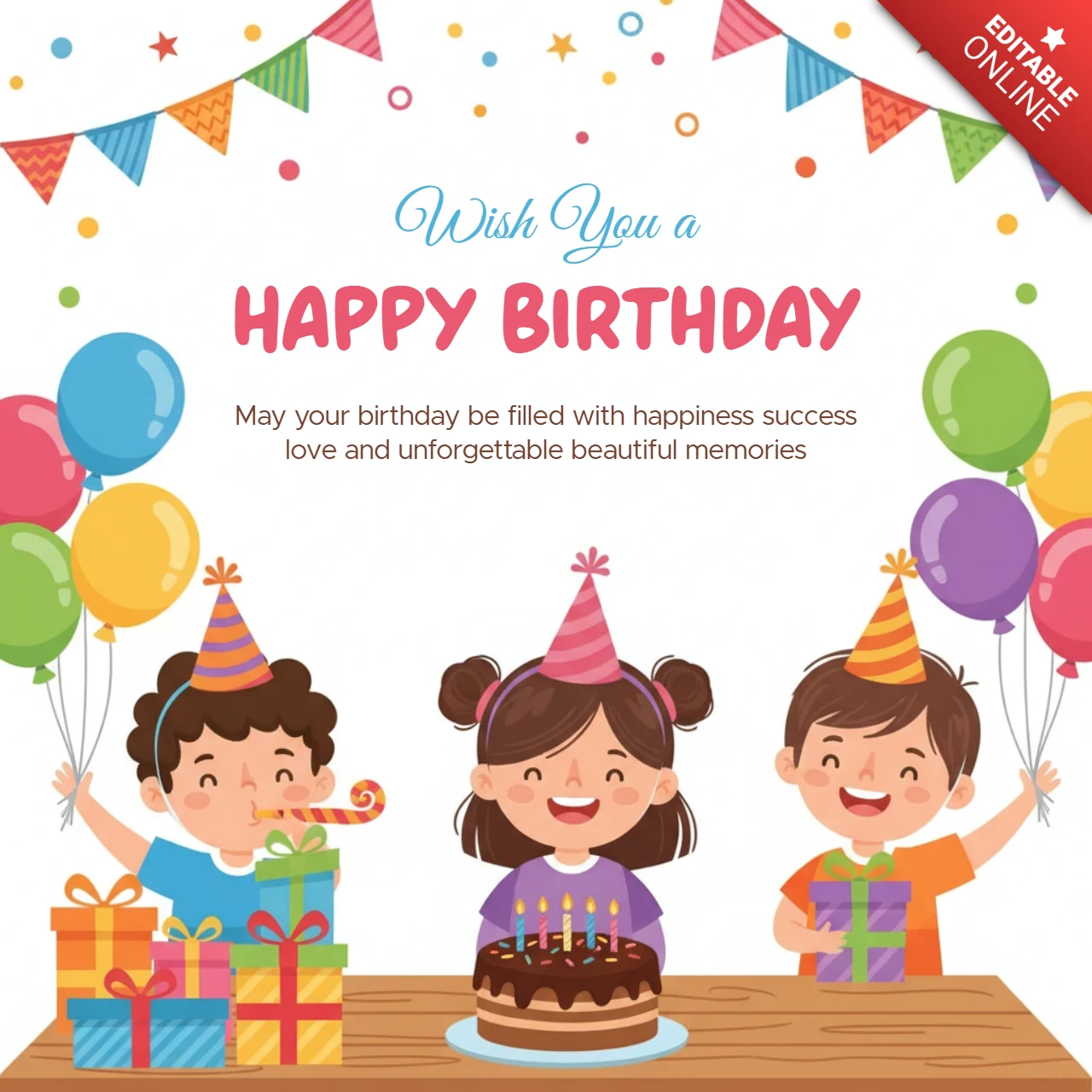 Feliz aniversário cartaz crianças celebração com balões, bolo, confete e tema de festa festiva