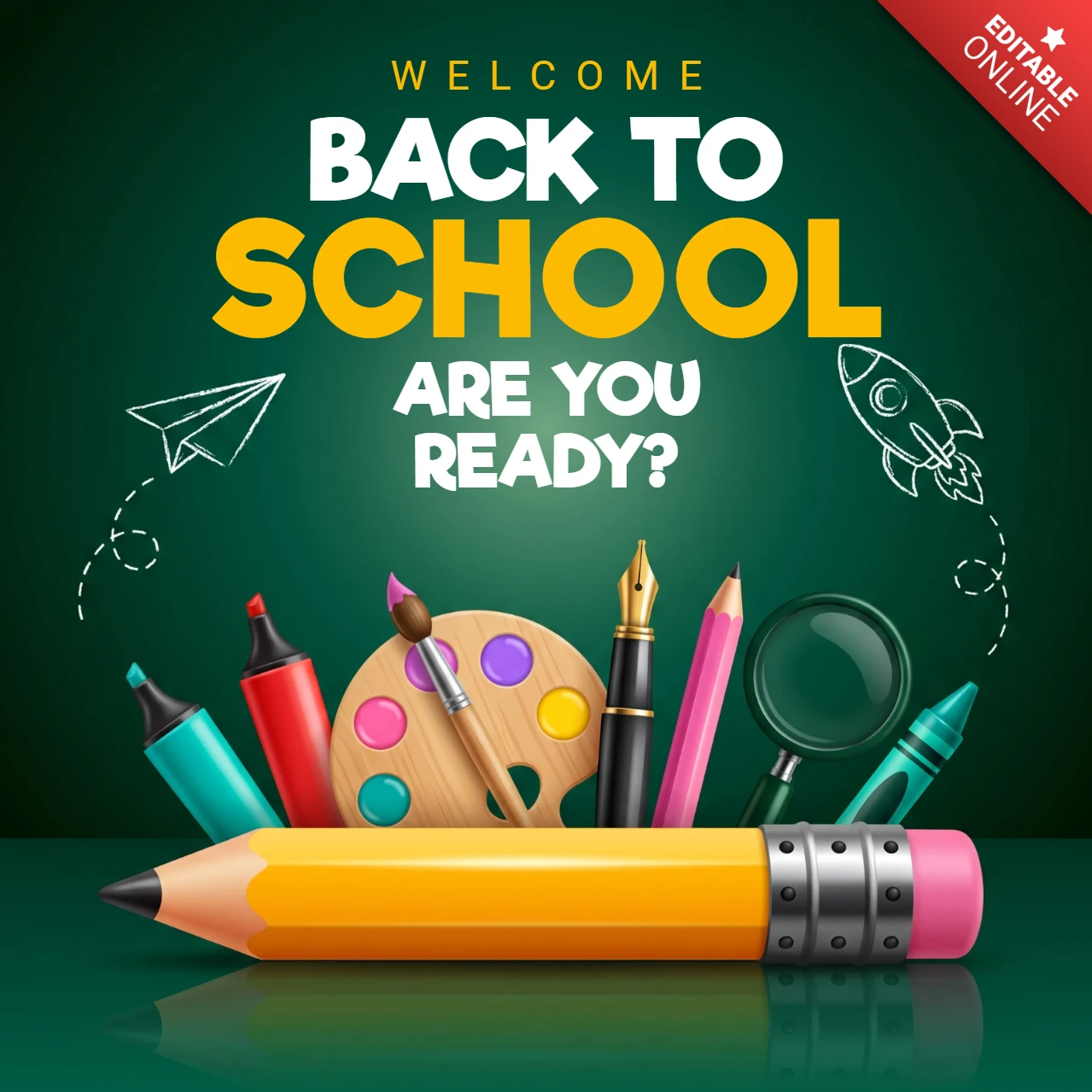 Welcome back to school banner with colorful educational stationery and pencils on a dark green chalkboard background