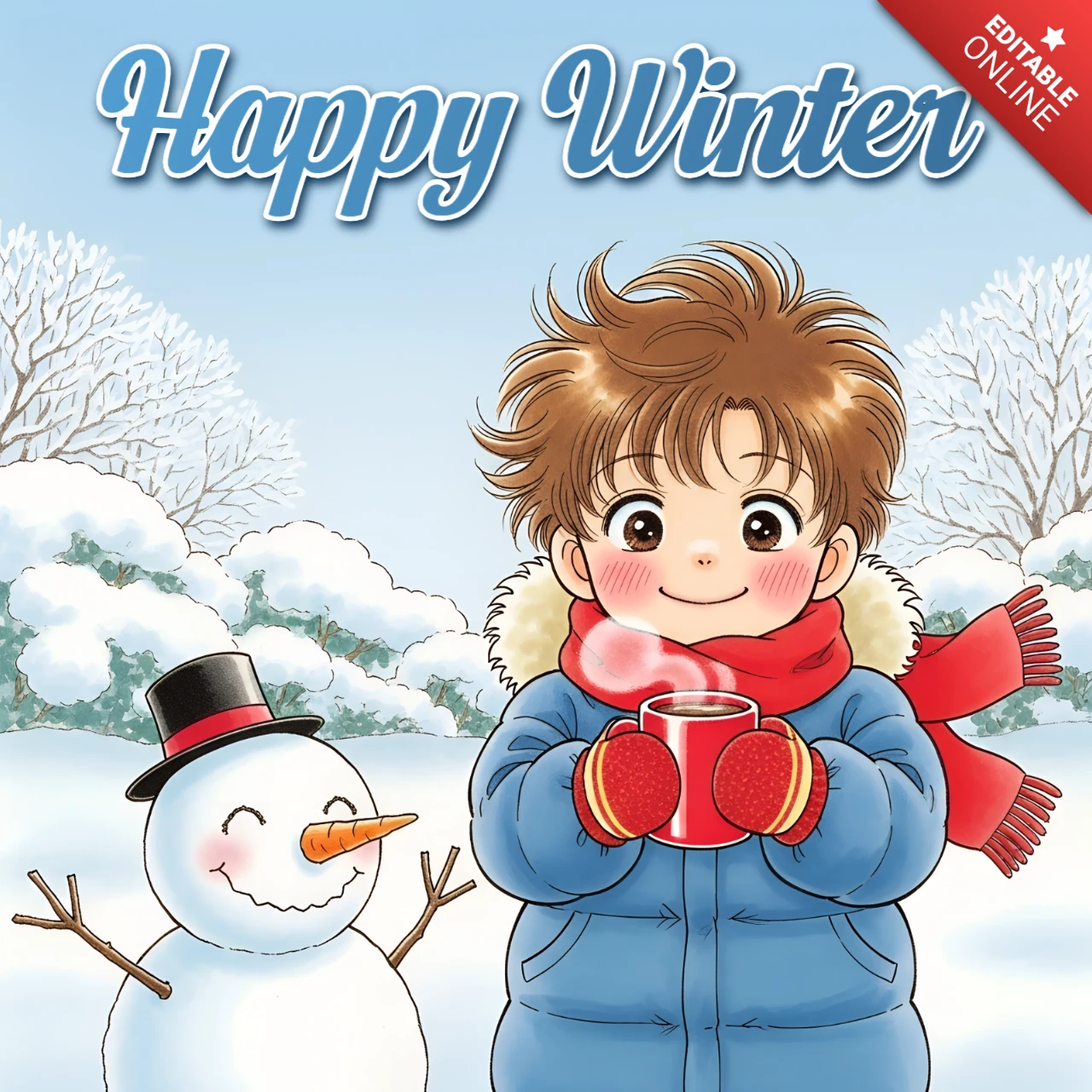 Modèle de design pays des merveilles d'hiver avec un enfant mignon et un bonhomme de neige pour des cartes de vœux de vacances.