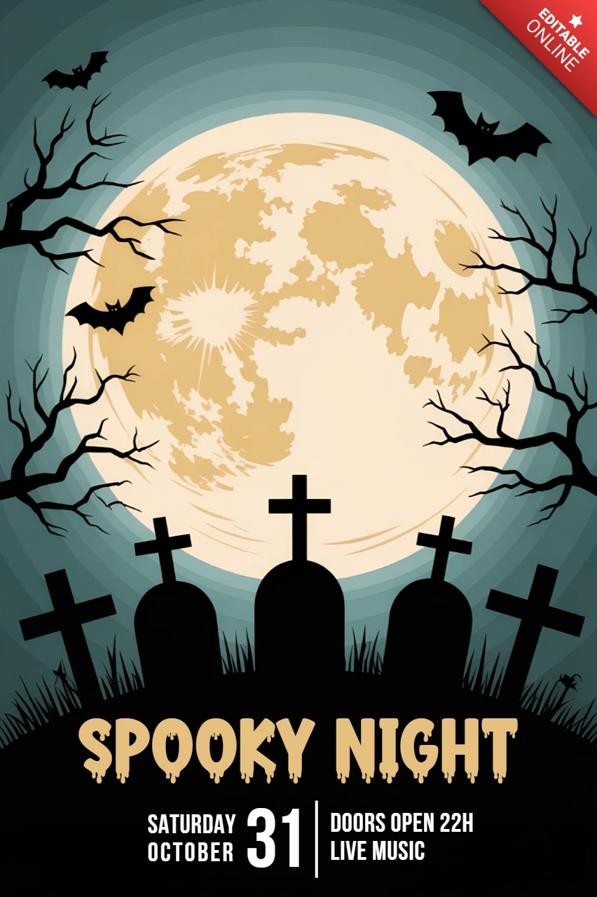 Шаблон флаера для хэллоуинского мероприятия в spooky ночь с дизайном луны и кладбища