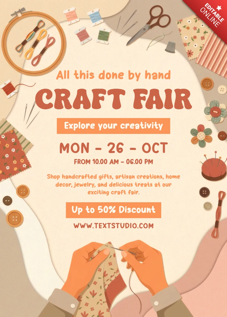 Handmade Craft Fair Event Flyer Template with Sewing Embroidery Supplies and DIY Fabric Craft Illustration