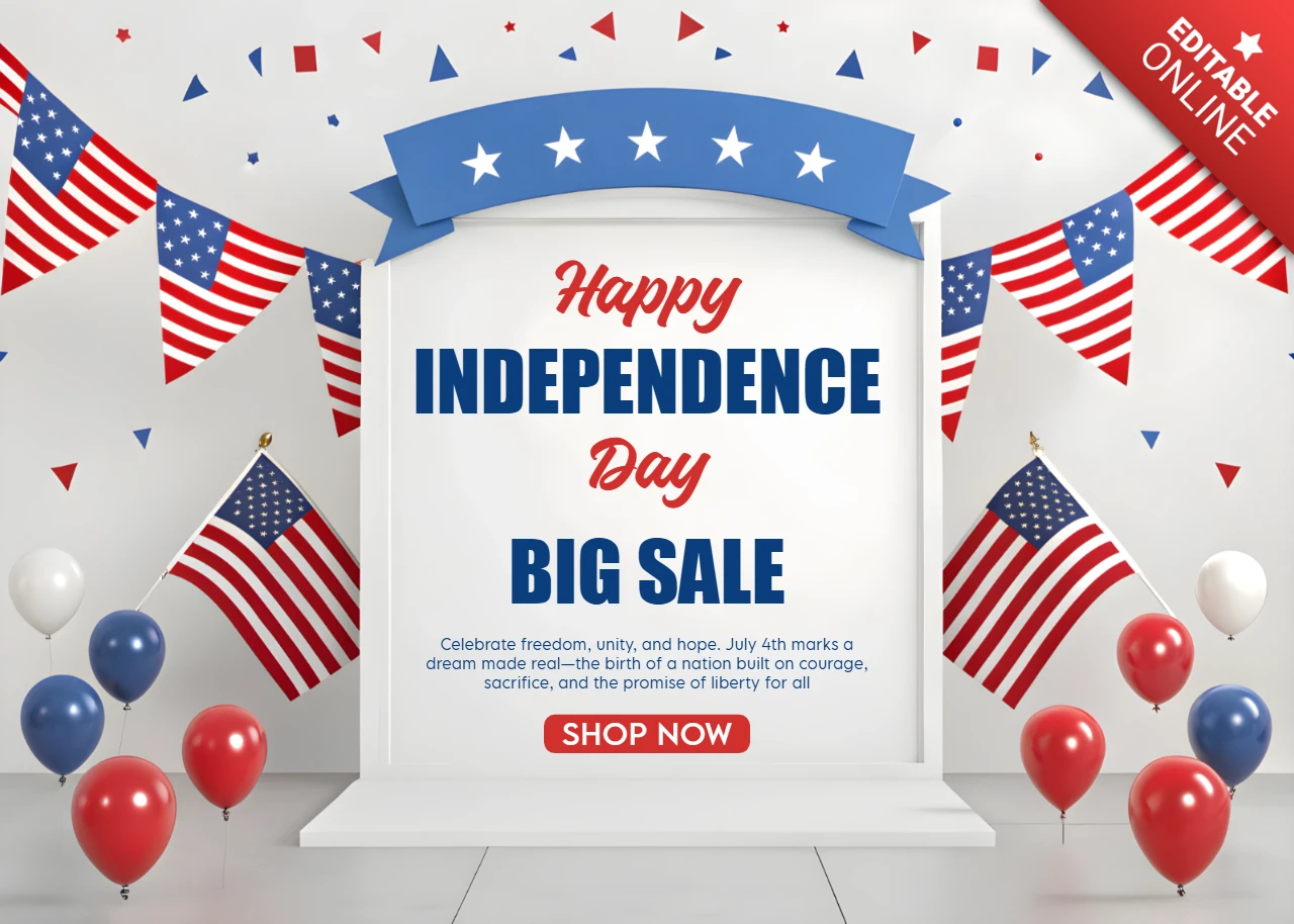 Template de design 3D para venda do dia da independência com faixas e balões