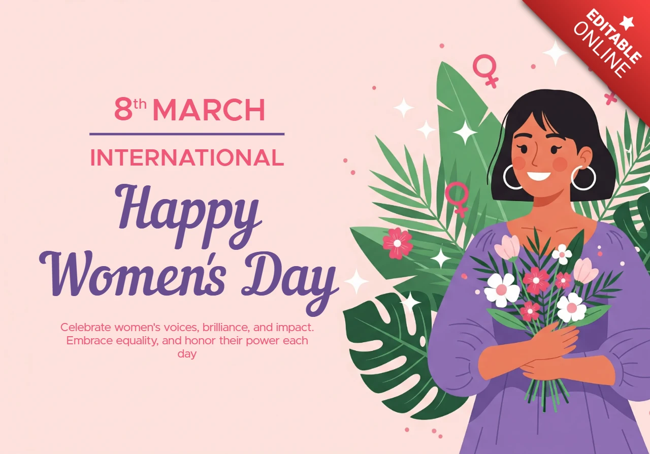 Plakatdesign-Vorlage zum Internationalen Frauentag mit einer Frau, die Blumen hält, Geschlechtersymbolen und tropischen Blättern.