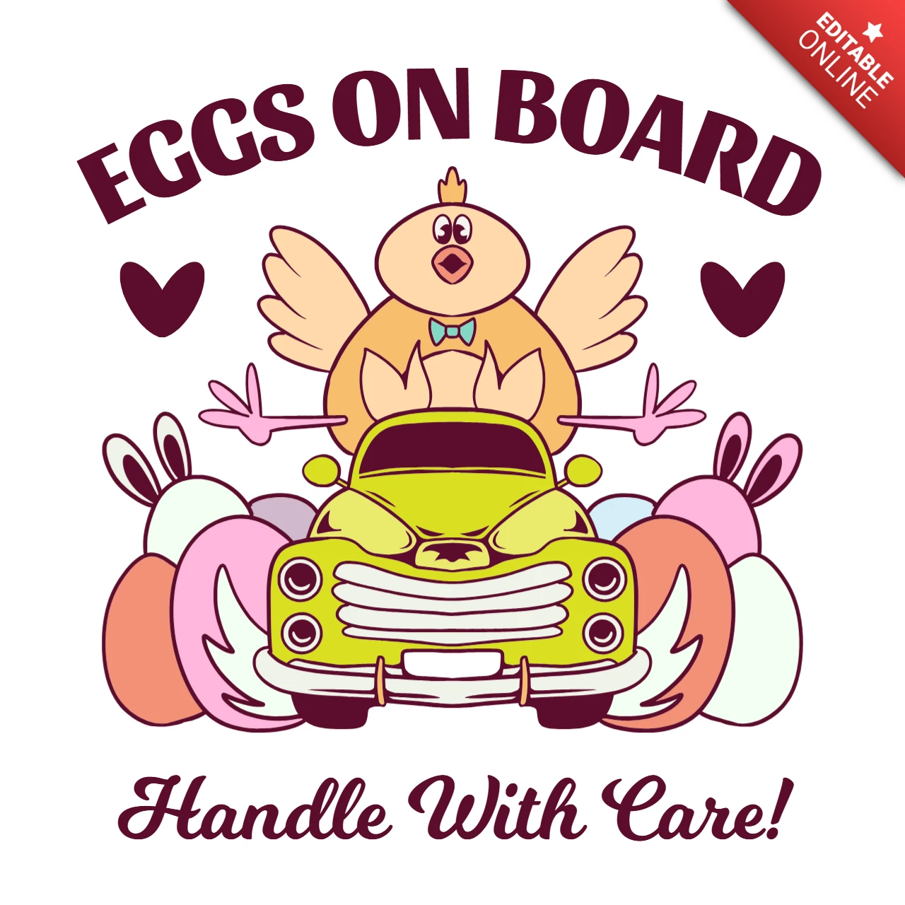 Trasporto di uova di Pasqua auto gialla cartone animato con pulcino e cravatta a farfalla modello di design per t-shirt