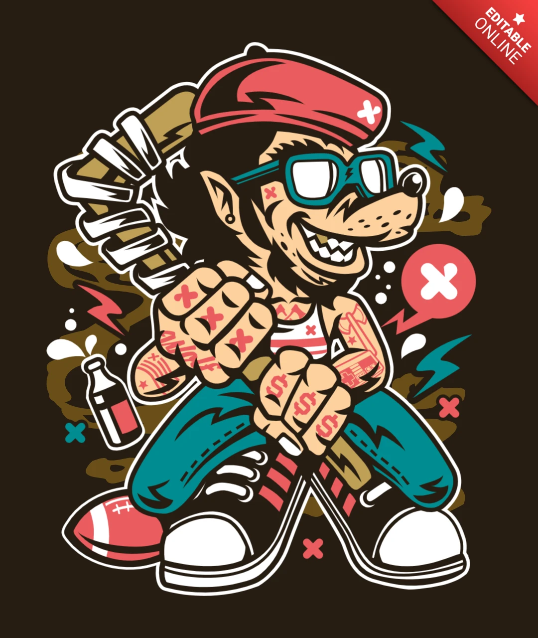 Wolf Gang Cartoon Character T-Shirt Design Template