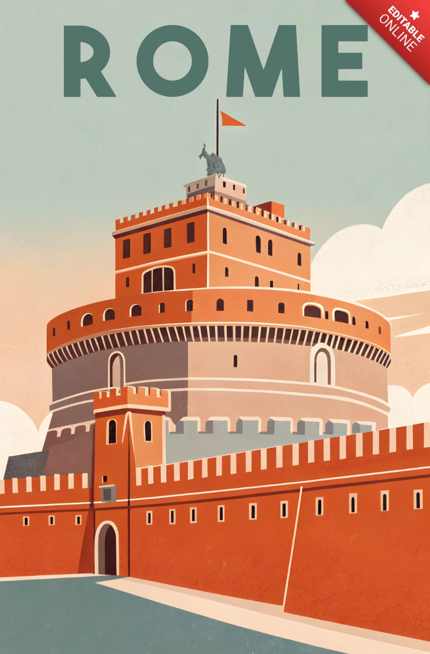 Plantilla de diseño de castillo vintage de Roma para carteles de viaje