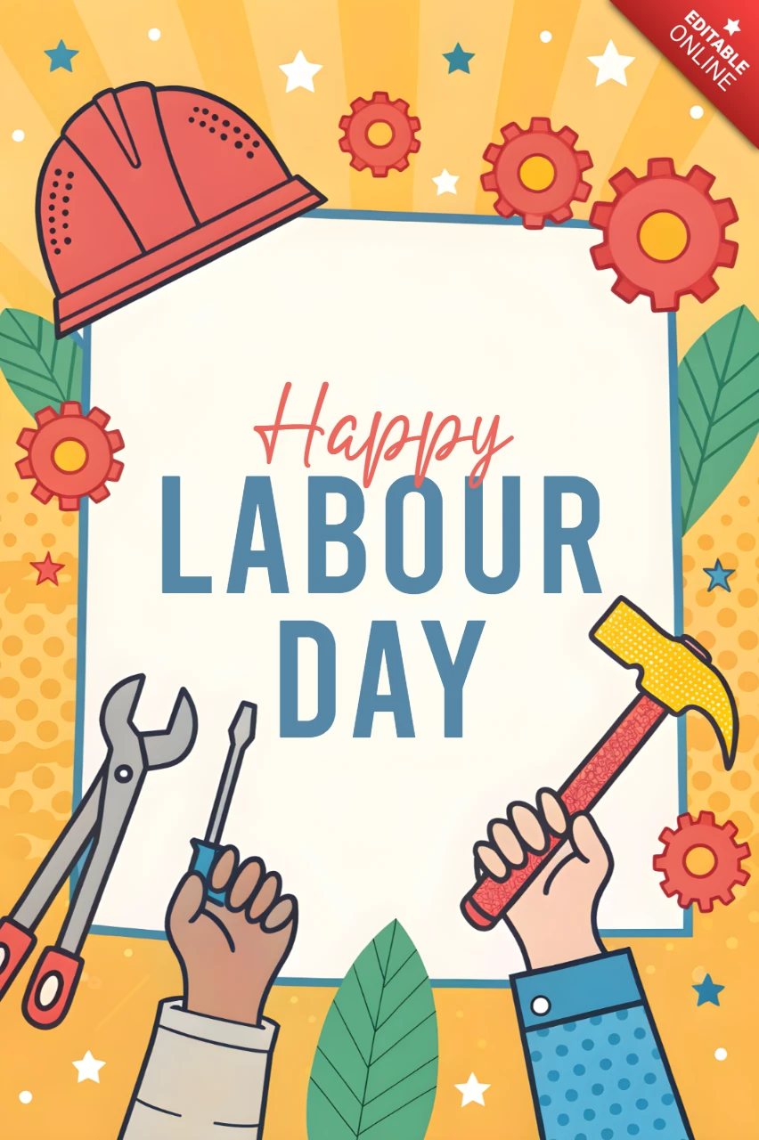 Feliz día del trabajo plantilla de diseño festivo con herramientas y colores brillantes