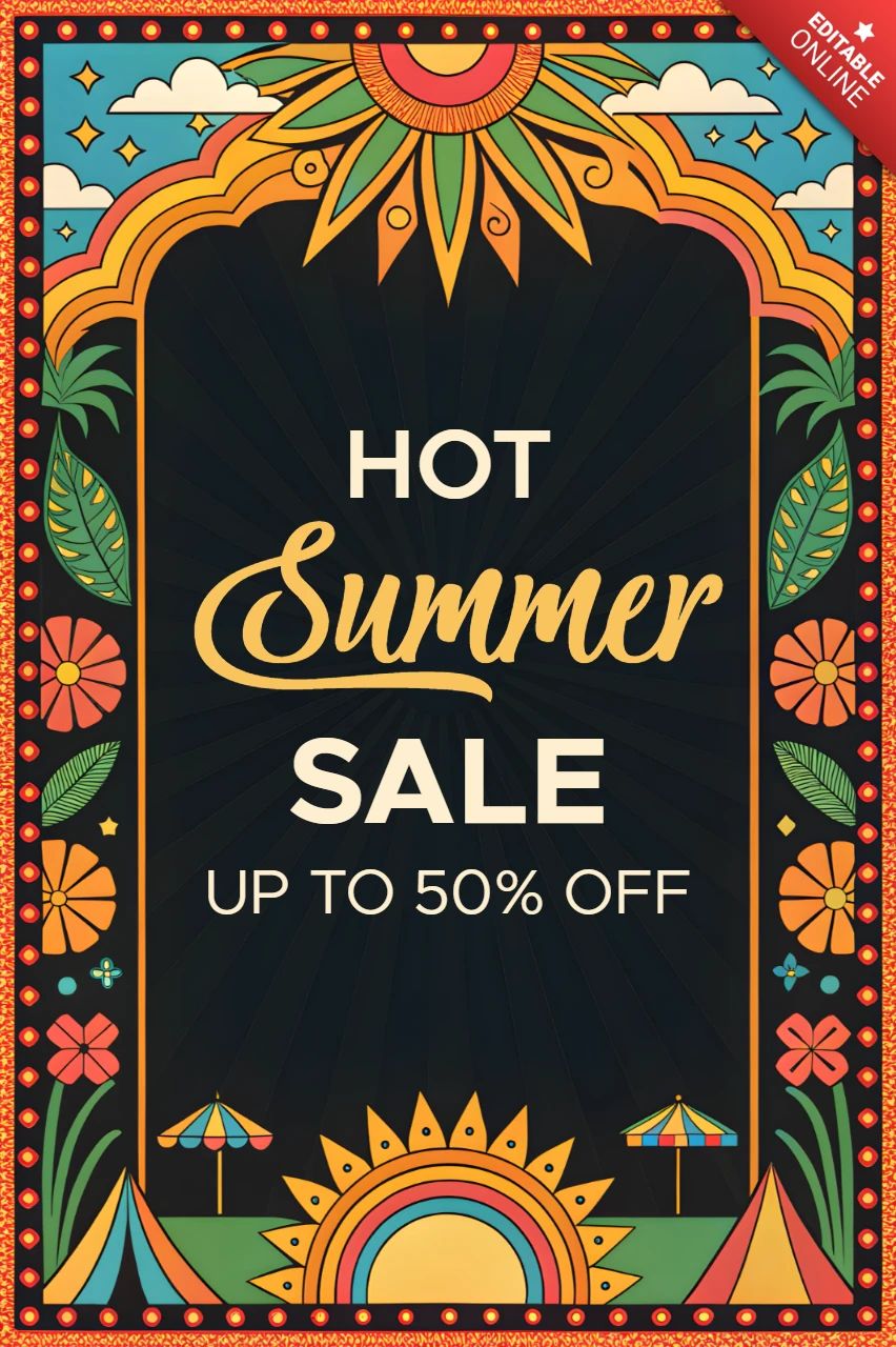 Lebendiges Sommerverkaufsdesign-Template mit retro-blumigen Elementen
