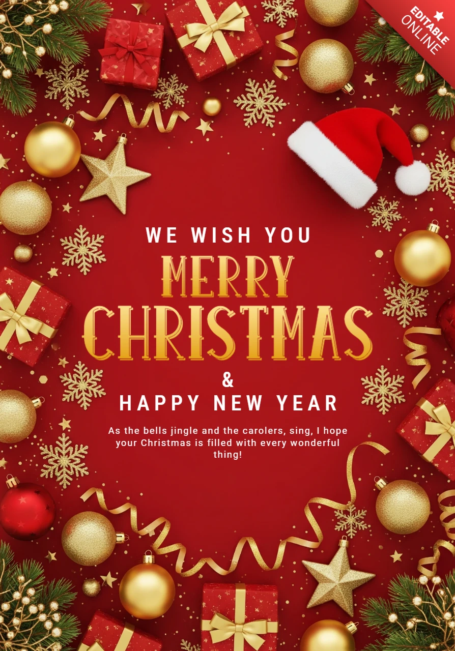 Diseño de tarjeta navideña elegante con gorro de Santa, borde decorativo y elementos tradicionales de las fiestas.