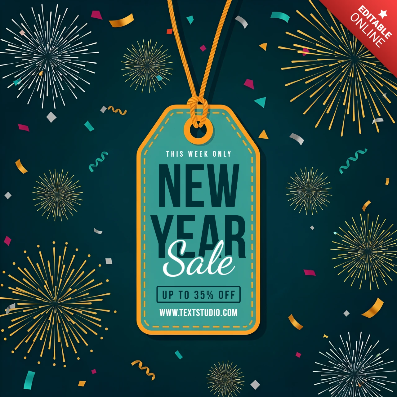 Modèle de design de vente du Nouvel An avec étiquette festive et feux d'artifice pour flyers promotionnels