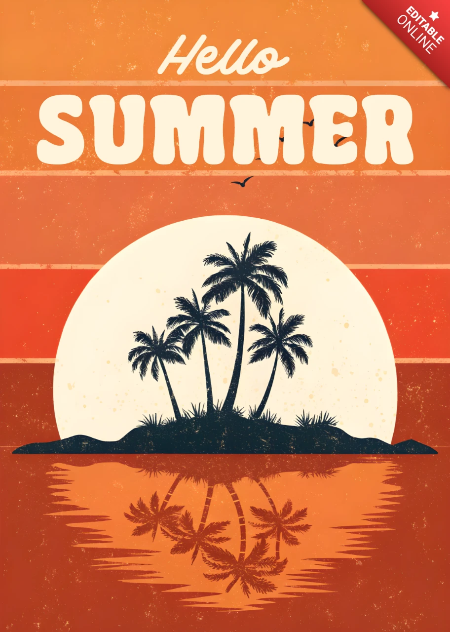 Retro Flat Poster Design with Palm Trees Island in the Sunset