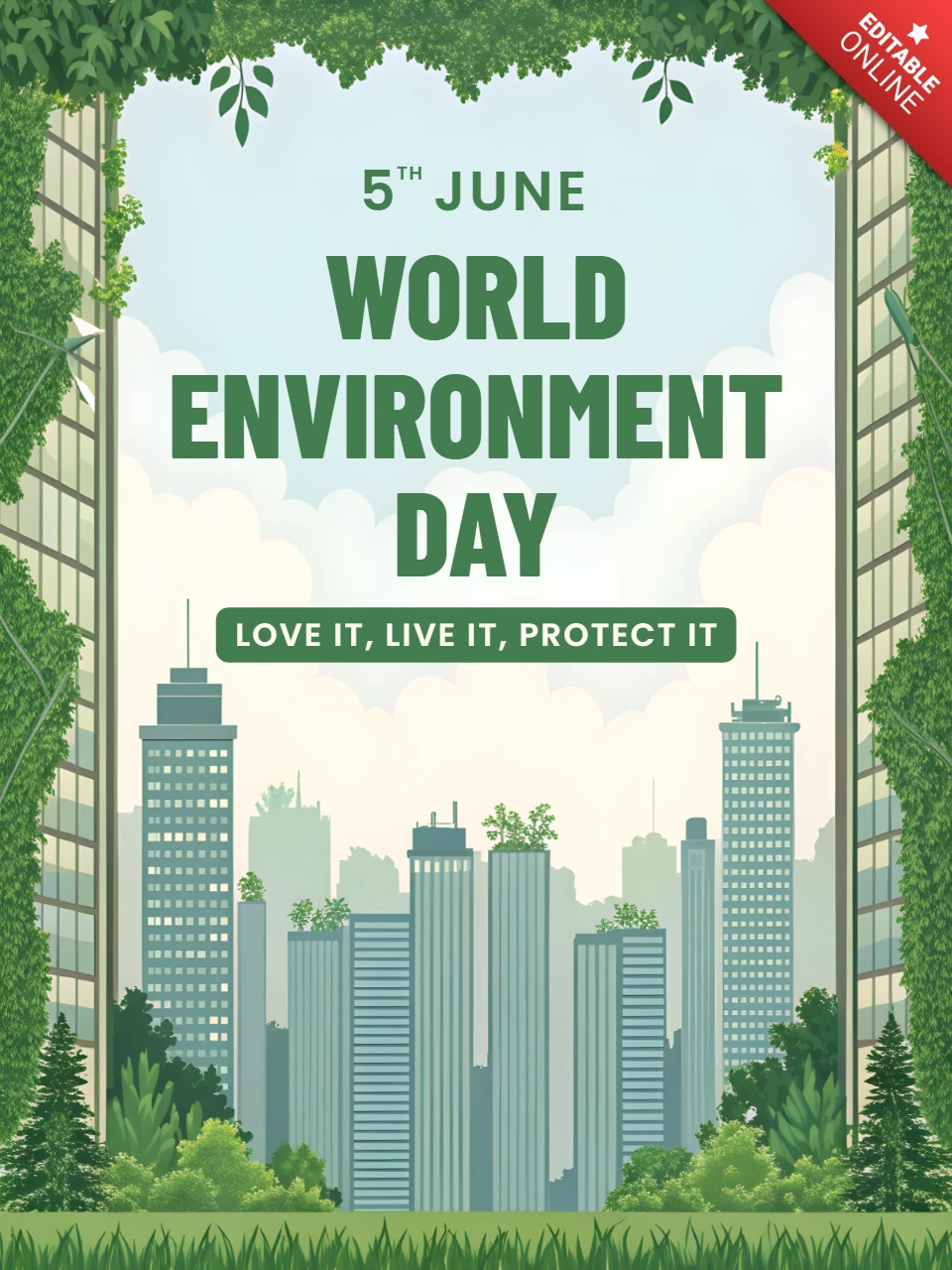Modèle de design pour la Journée mondiale de l'environnement éco-responsable - paysage urbain inspiré de la nature