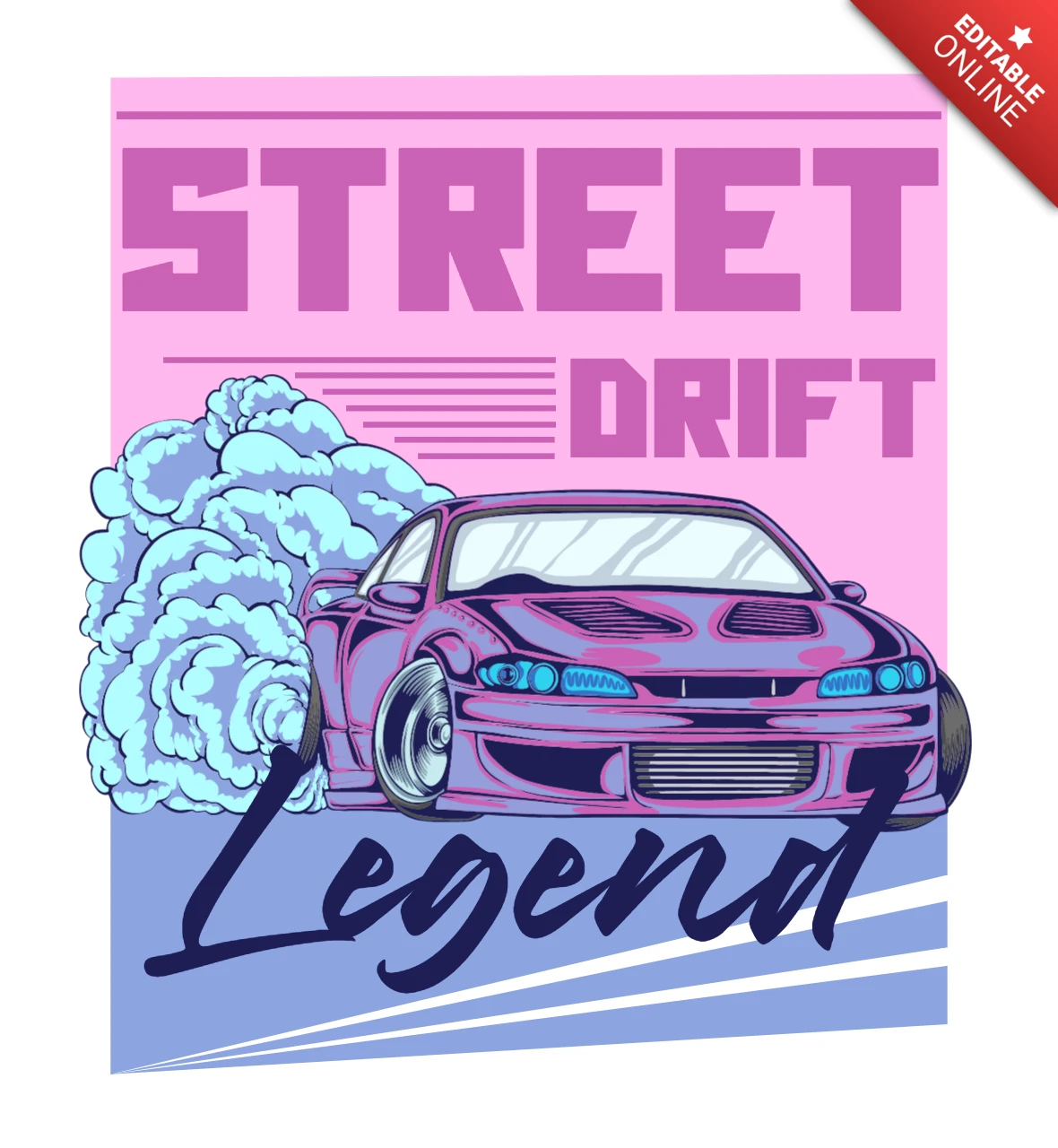 Modèle de t-shirt légende du drift urbain voiture rose vif et bleue avec fumée de pneus