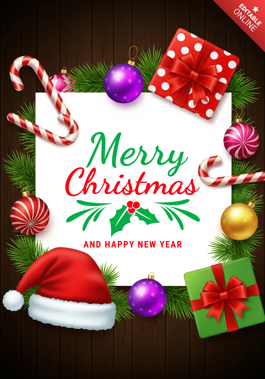 Elegant Christmas Card Design with White Card Center, Colorful Baubles, and Seasonal Pine Accents