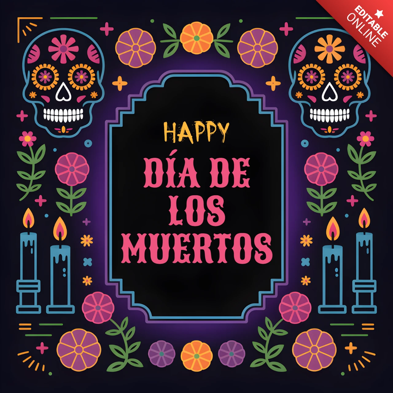 Template de design colorido para convites de celebração do dia de los muertos