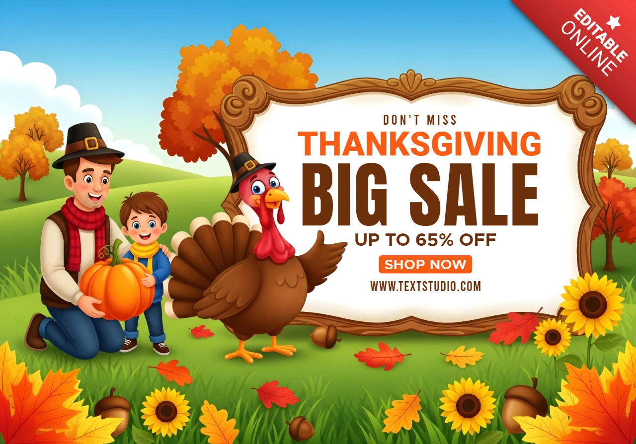 Thème de Thanksgiving avec dinde en cartoon, feuilles d'automne et scène familiale traditionnelle, modèle de bannière de vente promotionnelle.
