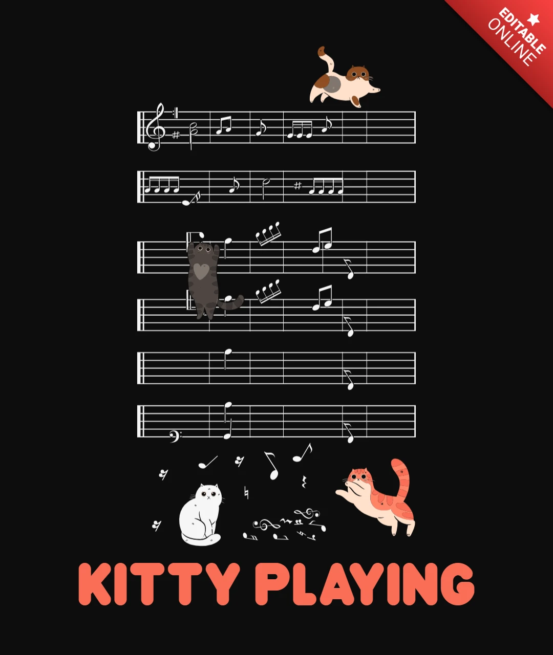 Müzik çalan sevimli kedi yavruları tişört tasarımı