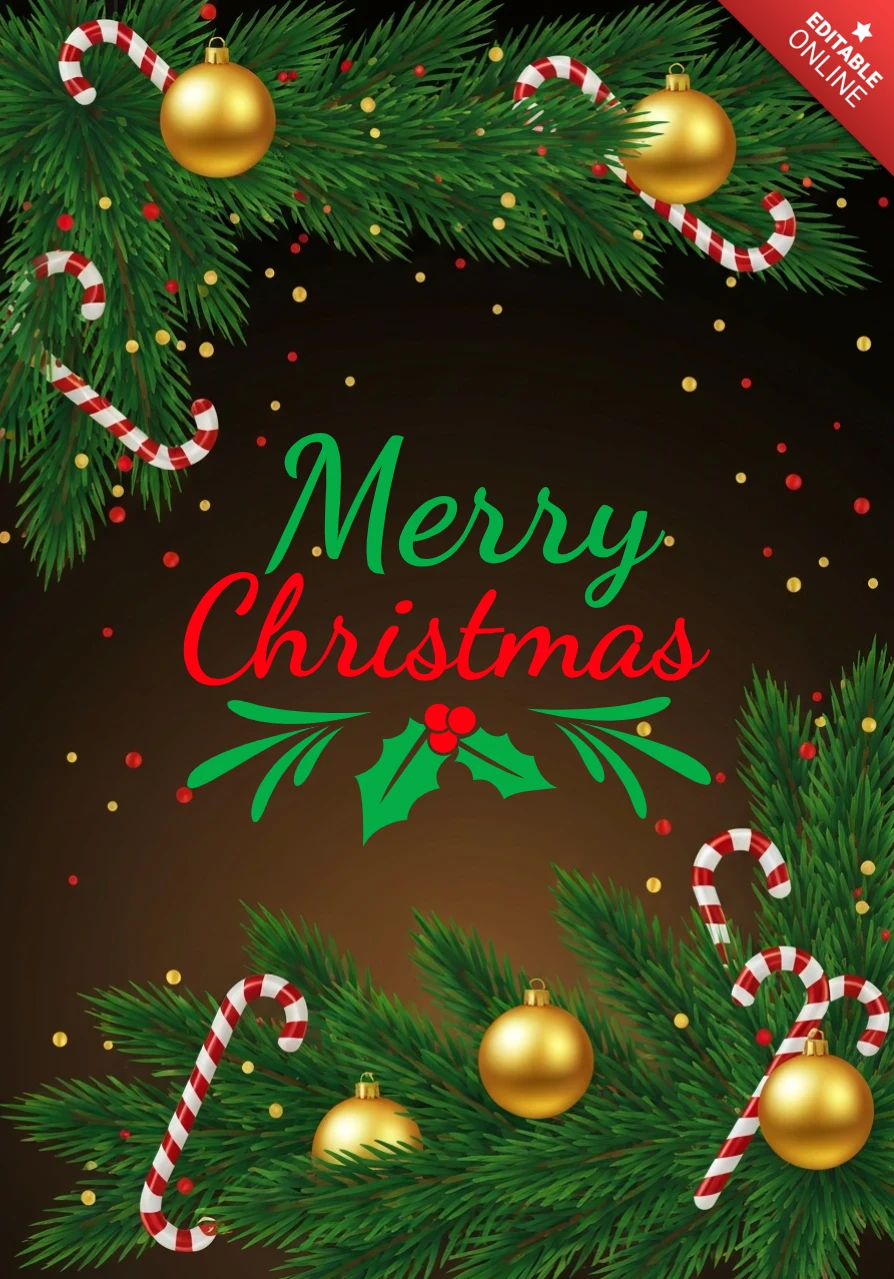 Christmas Greeting Card with Candy Cane Accents, Gold Ornaments, and Decorative Pine