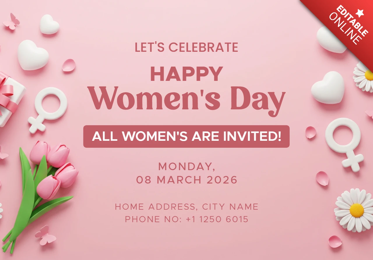 Banner de celebração do Dia da Mulher com decorações florais, símbolos de gênero e citação inspiradora.