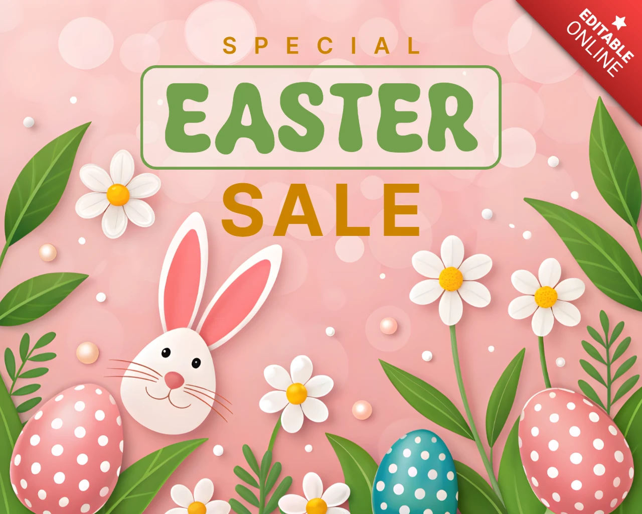 Spring-Themed Easter Sale Design Template with Cute Bunny and Colorful Eggs