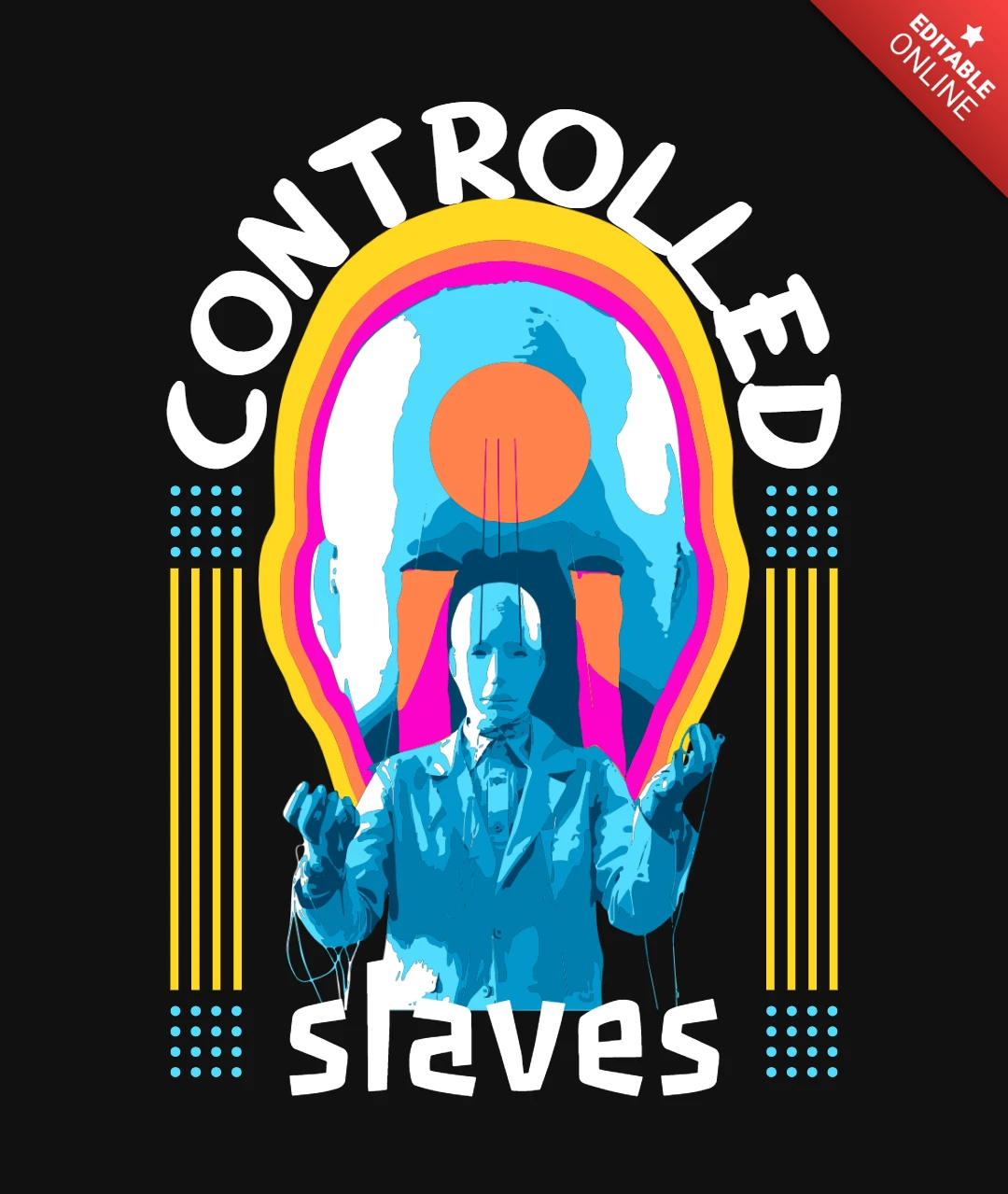 Design de camiseta com gráfico de traje de marionete controlada, tipografia de escravos e simbolismo da mente.