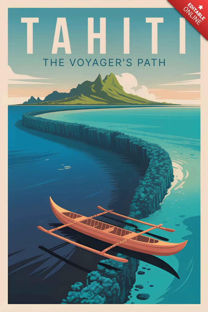 Vintage-Reiseplakat-Designvorlage mit Tahitis Pfad der Entdecker, Kanu und Insel