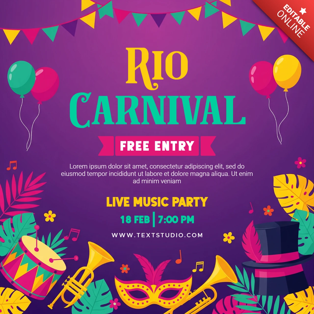 Pôster do carnaval do Rio com fundo roxo, balões, trompete, saxofone e decorações festivas.
