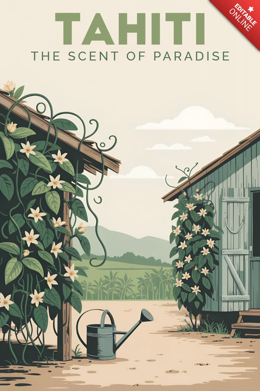 'duft des paradieses' retro-flach-tahiti-vanillefarm-illustration für reiseposter