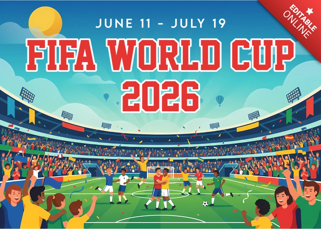 FIFA World Cup 2026 Poster Design with Stadium Crowd and Football Celebration Illustration