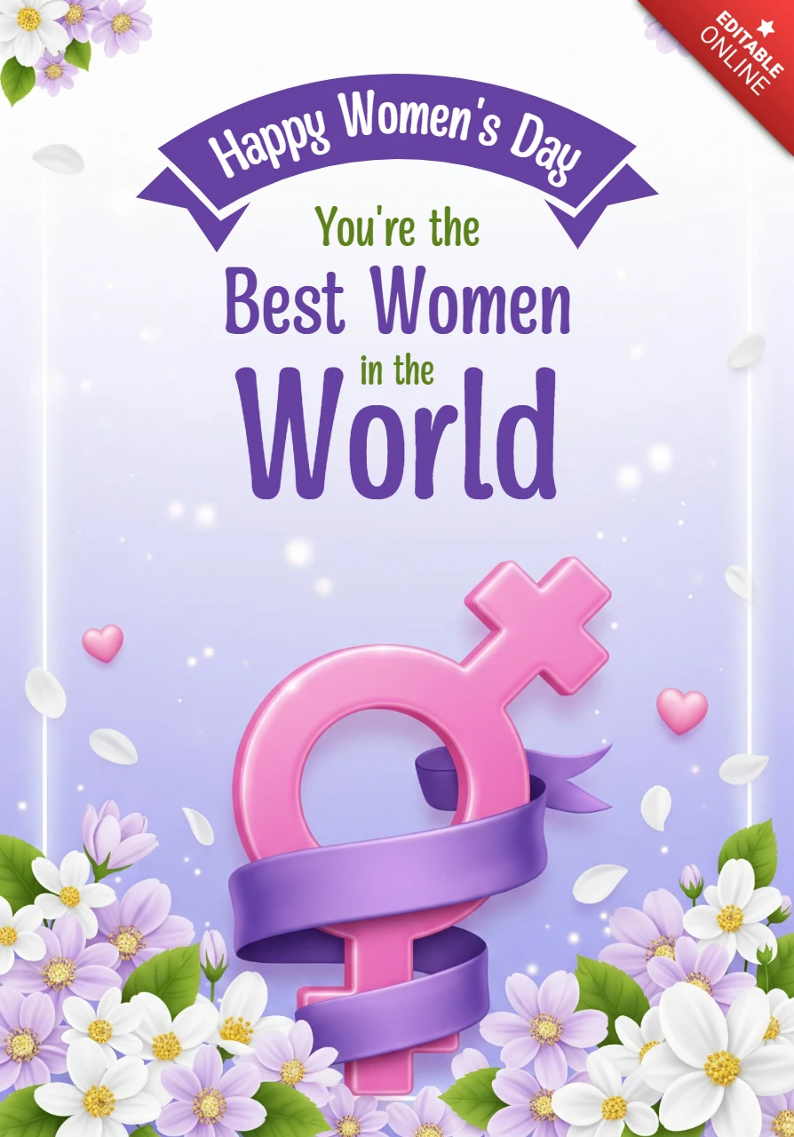 Banner de celebração do Dia Internacional da Mulher com símbolo de gênero, flores e fundo gradiente roxo festivo.
