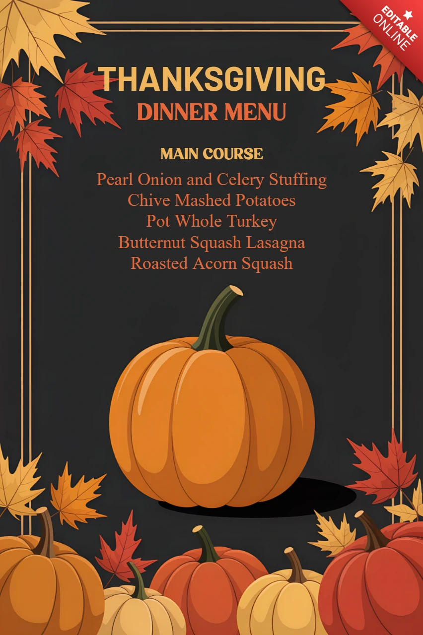 Modèle de menu de dîner de Thanksgiving avec un design de citrouille et de feuilles d'automne pour des événements festifs.