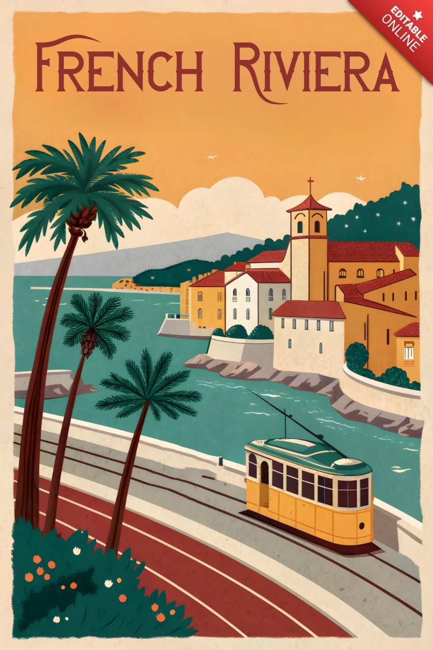 Vintage Travel Poster Design Template Featuring Tram and Coastal Landscape