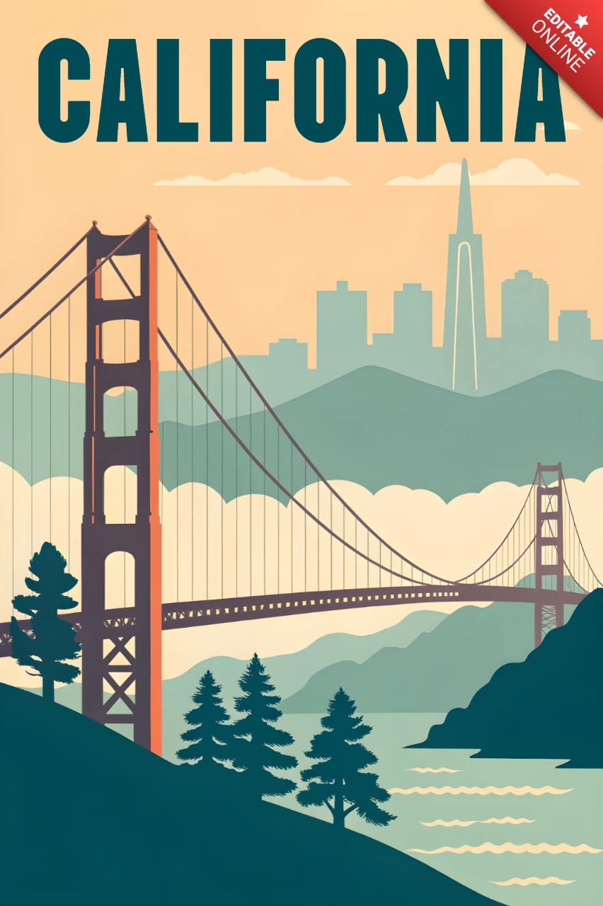 Kalifornisches Vintage-Poster-Design-Template mit der Golden Gate Bridge für Reise-Kunst