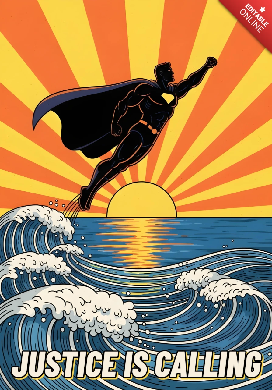 Justice Is Calling Superhero Flying Over Ocean at Sunset Poster Design Template