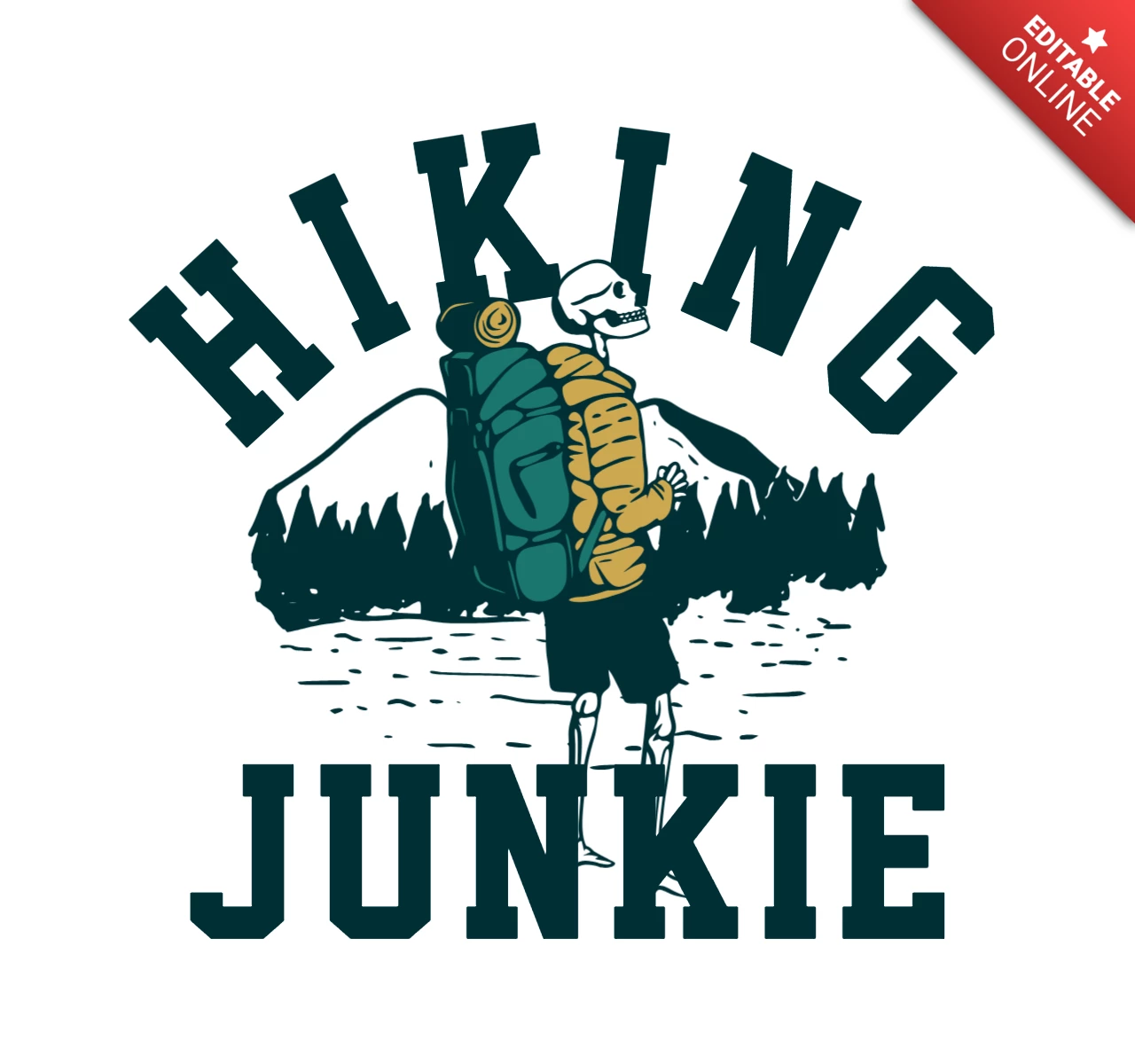 Hiking Junkie With Hiking Skeleton Vintage T-shirt Design Template