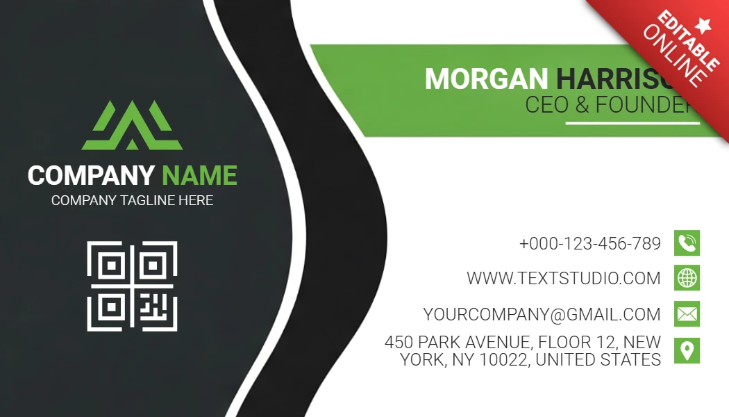 Minimalist Business Card with QR Code Green & Black Corporate Layout Design Template