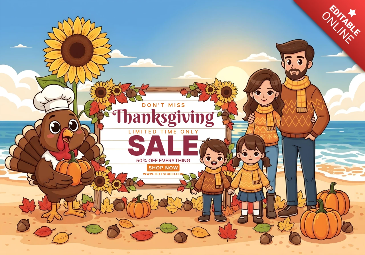 Thanksgiving Sale Beach Sunset Scene with Chef Turkey & Family 50% Off Everything Promotional Sale Banner Design Template