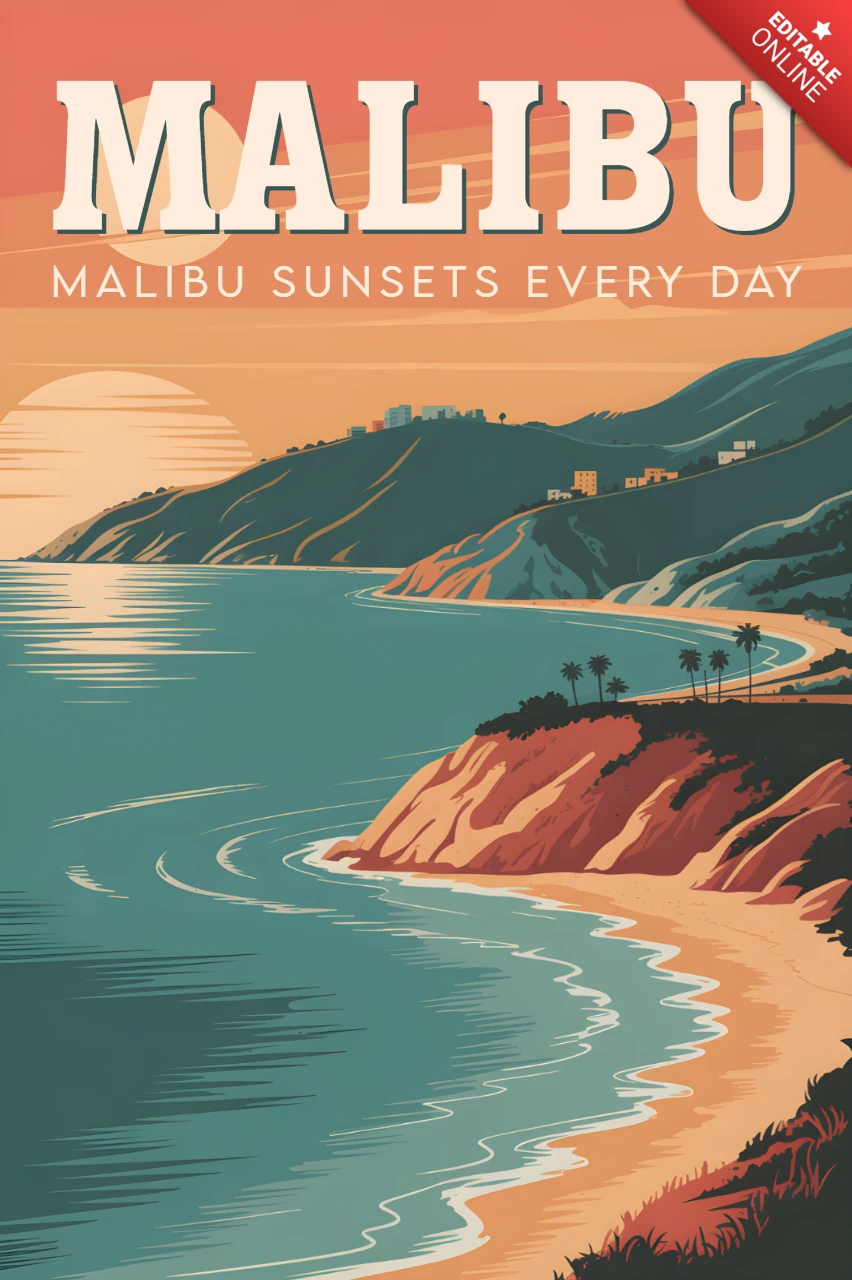 Design retro do pôr do sol de Malibu para lembrança imprimível e arte de parede retro.
