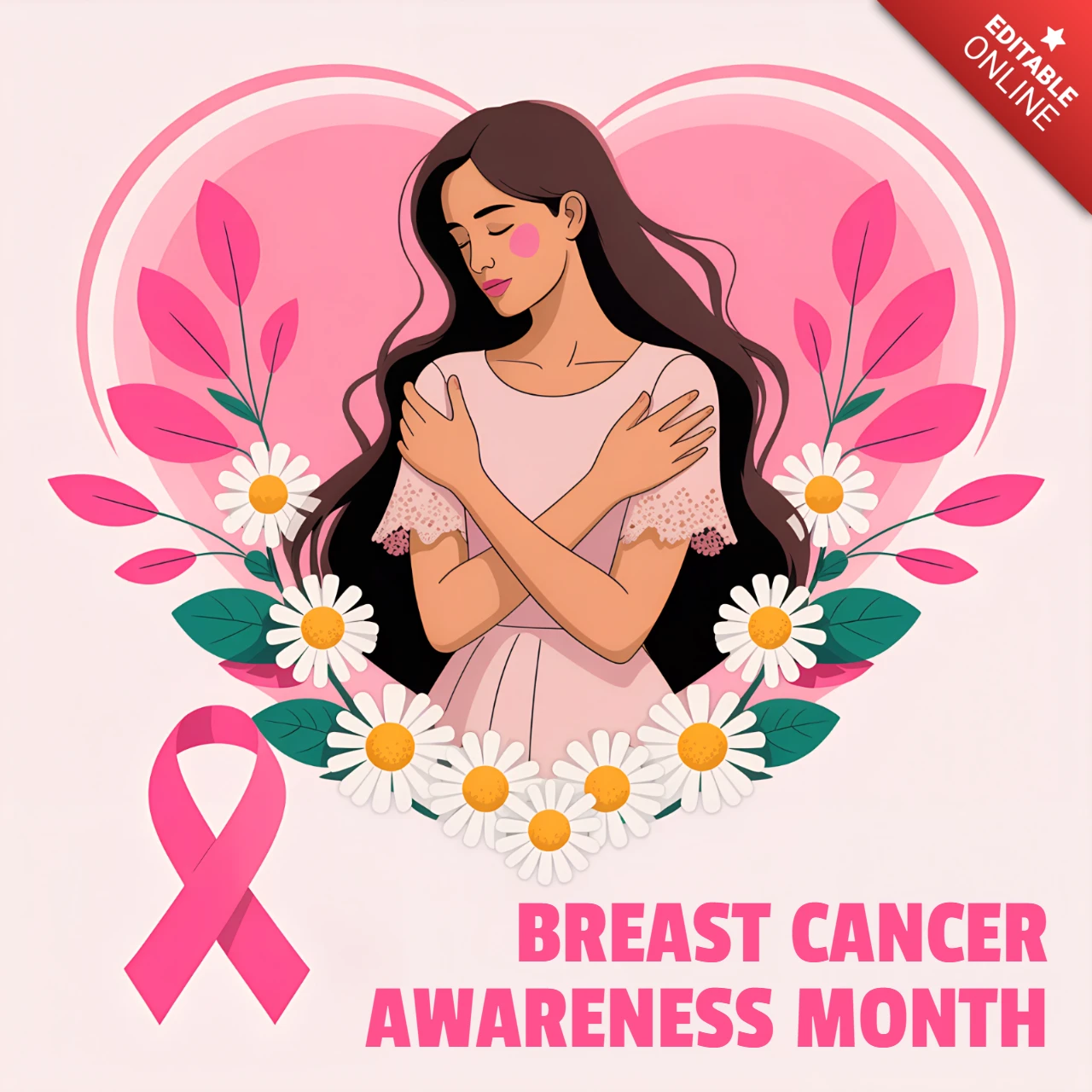 Breast Cancer Awareness Month Design Template with Floral Elements for T-Shirts