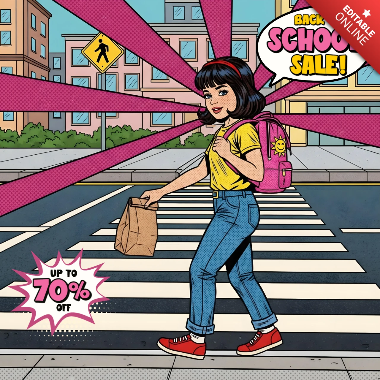 Städtischer Studentencomic-Stil Schulanfang Verkaufsart mit Fußgängerüberweg-Banner-Designvorlage für Werbeflyer