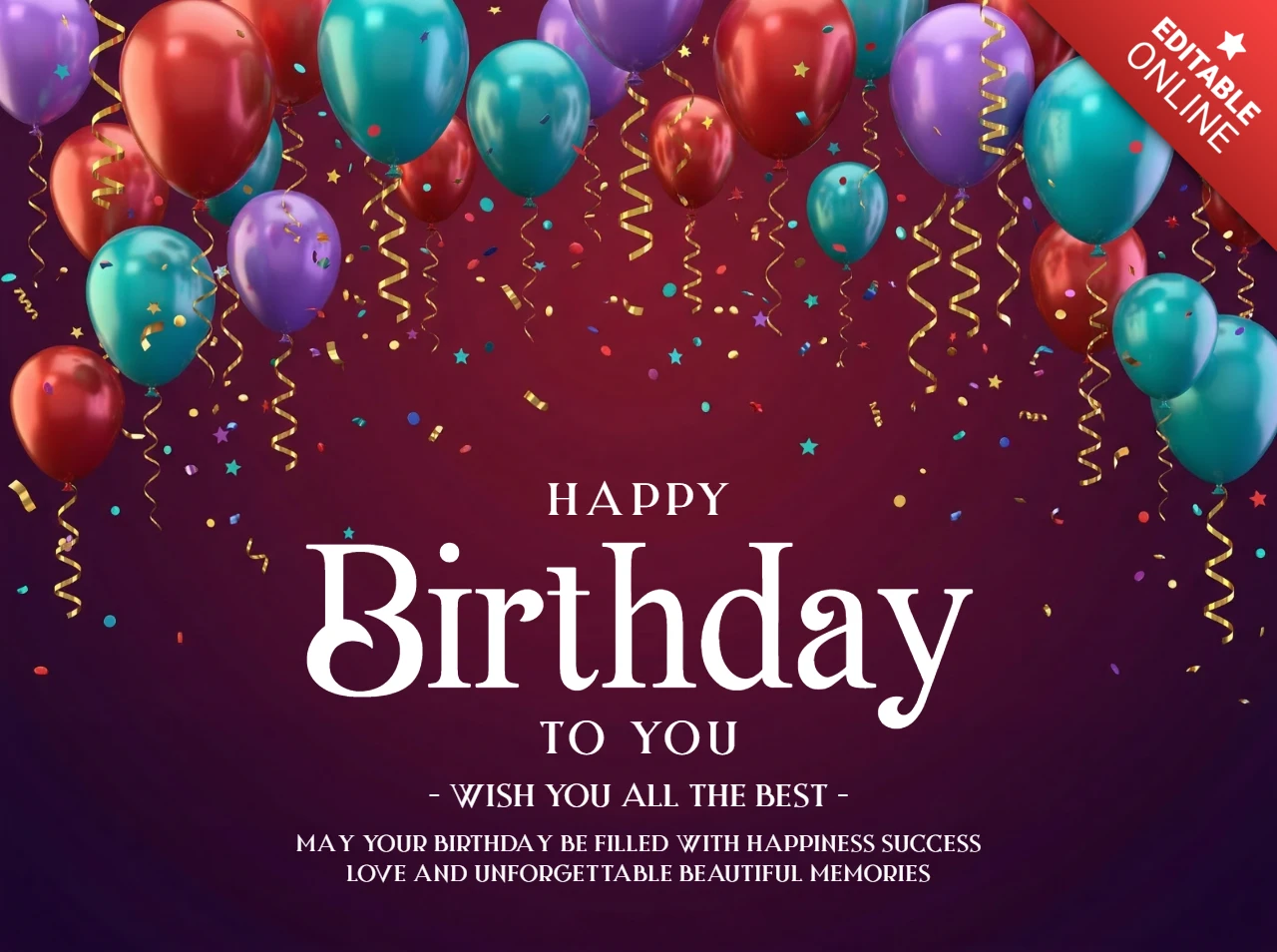 Happy Birthday Poster Dark Red and Purple Gradient Background with Balloons, Confetti, and Cheerful Birthday Wishes